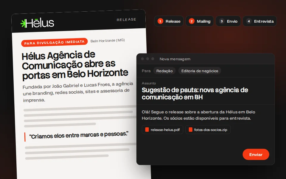 Release de lançamento da Hélus e e-mail de sugestão de pauta para a redação, com o release e as fotos em anexo