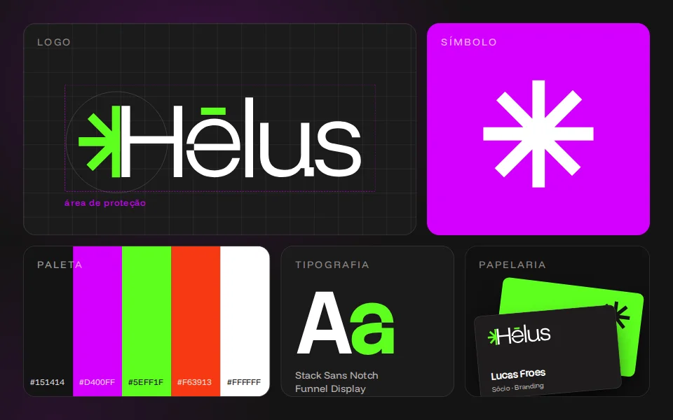 Quadro de marca da Hélus com logo, símbolo, paleta de cores, tipografia e cartão de visita