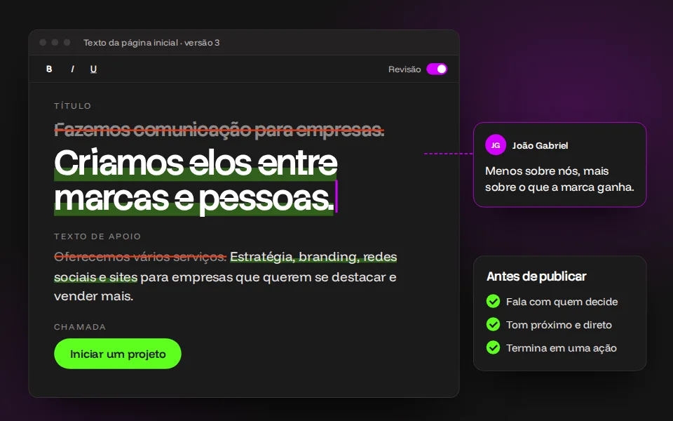 Texto da página inicial em revisão, com o título antigo riscado, o novo destacado e um comentário de ajuste