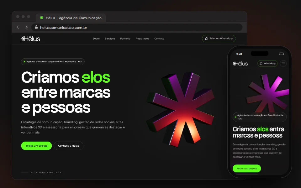 Site da Hélus aberto no navegador do computador e no celular