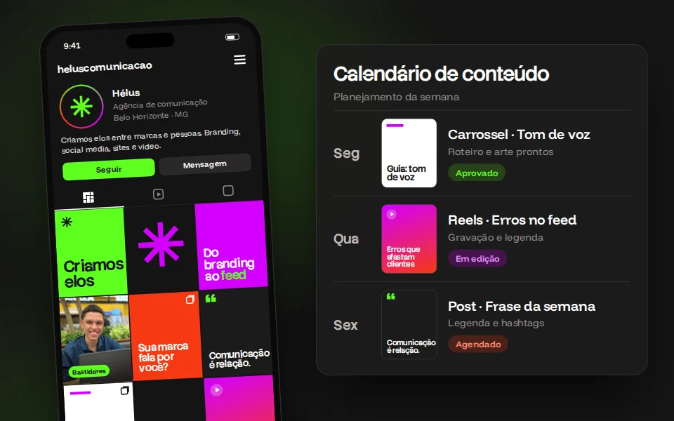 Perfil da Hélus no celular com um feed de posts criados, ao lado do calendário de conteúdo da semana