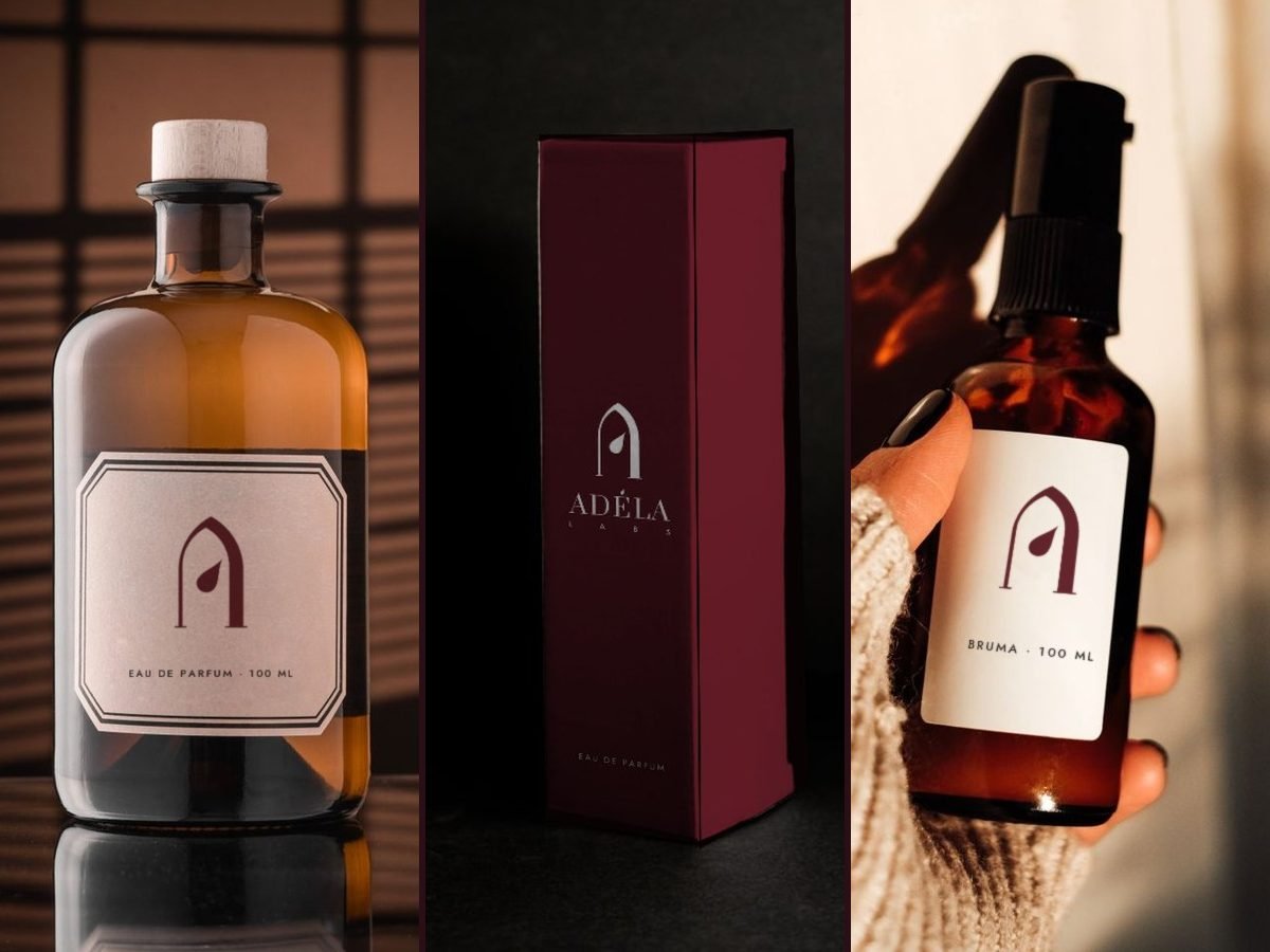 Frasco de perfume, caixa e sérum com a marca ADÉLA Labs