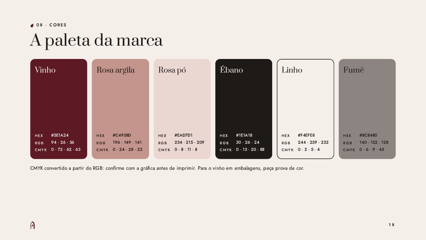 Paleta da marca: vinho, rosa argila, rosa pó, ébano, linho e fumê