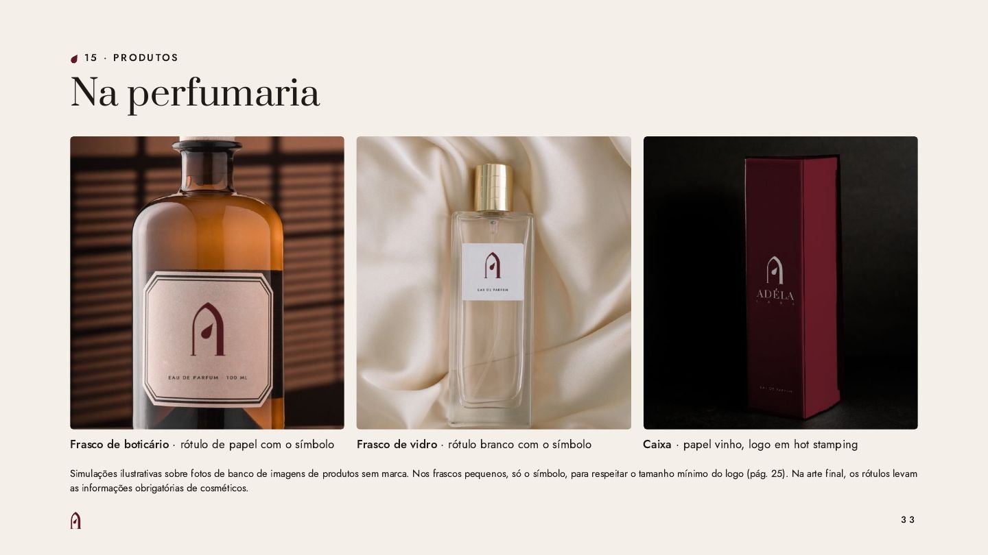 Aplicações na perfumaria: frascos e caixa com o símbolo
