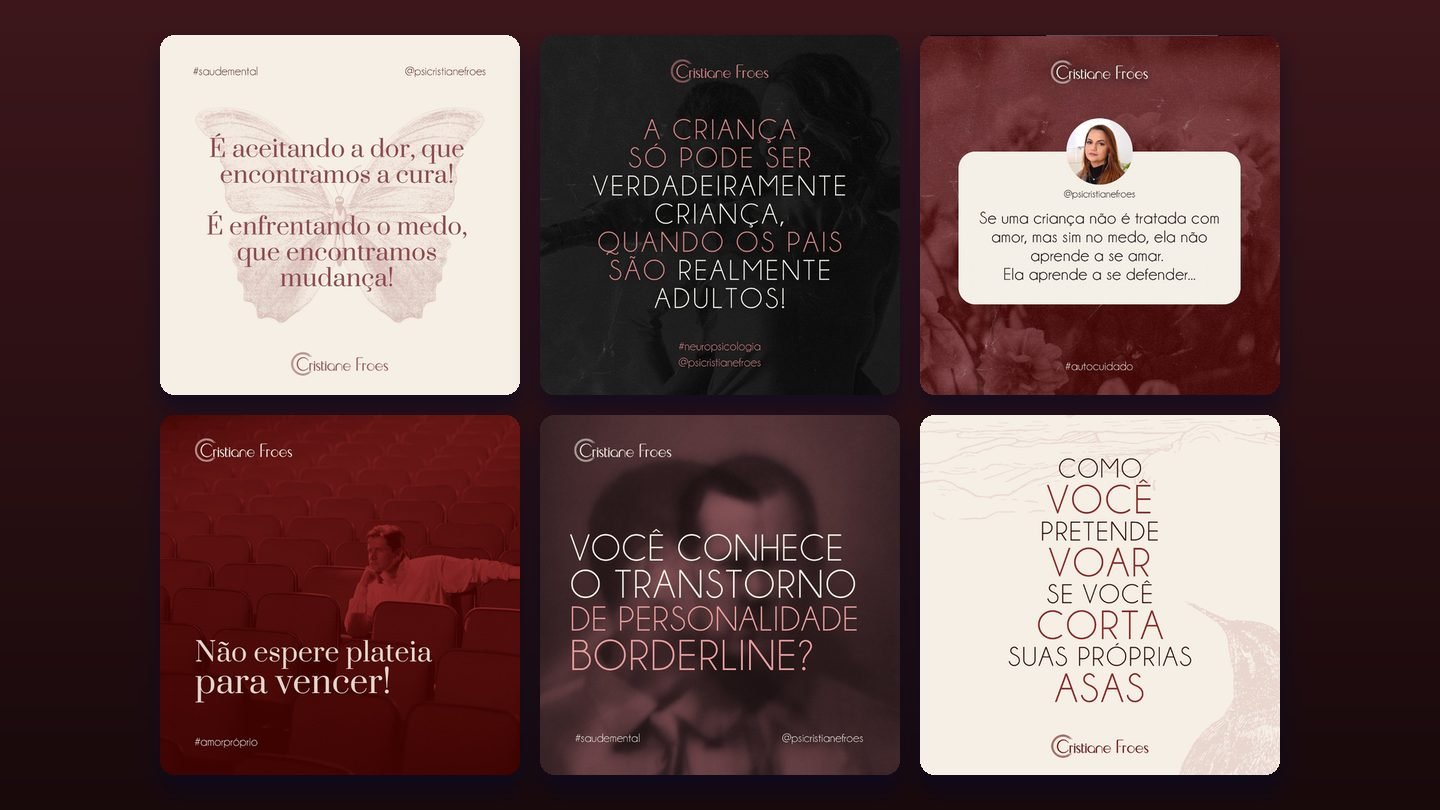 Seis posts do feed de Cristiane Froes, em vinho, marrom e rosa, com frases sobre acolhimento, limites e maturidade