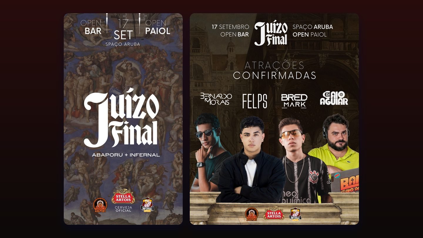Story e cartaz de atrações do Juízo Final, com pintura barroca e tipografia gótica