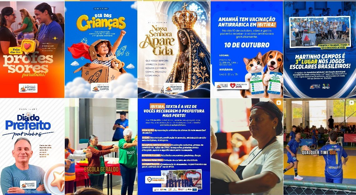 Grade do feed com datas comemorativas, campanhas de saúde, esporte e a prefeitura nos distritos