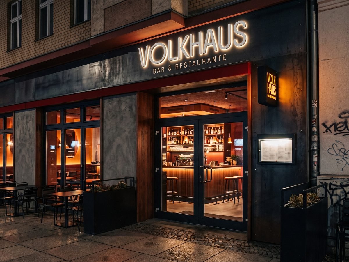 Fachada do Volkhaus Bar & Restaurante com o letreiro aceso, em simulação do conceito